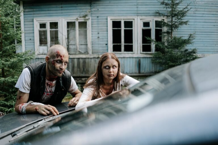 A haunting scene of two zombies approaching a vehicle near an old, abandoned house.