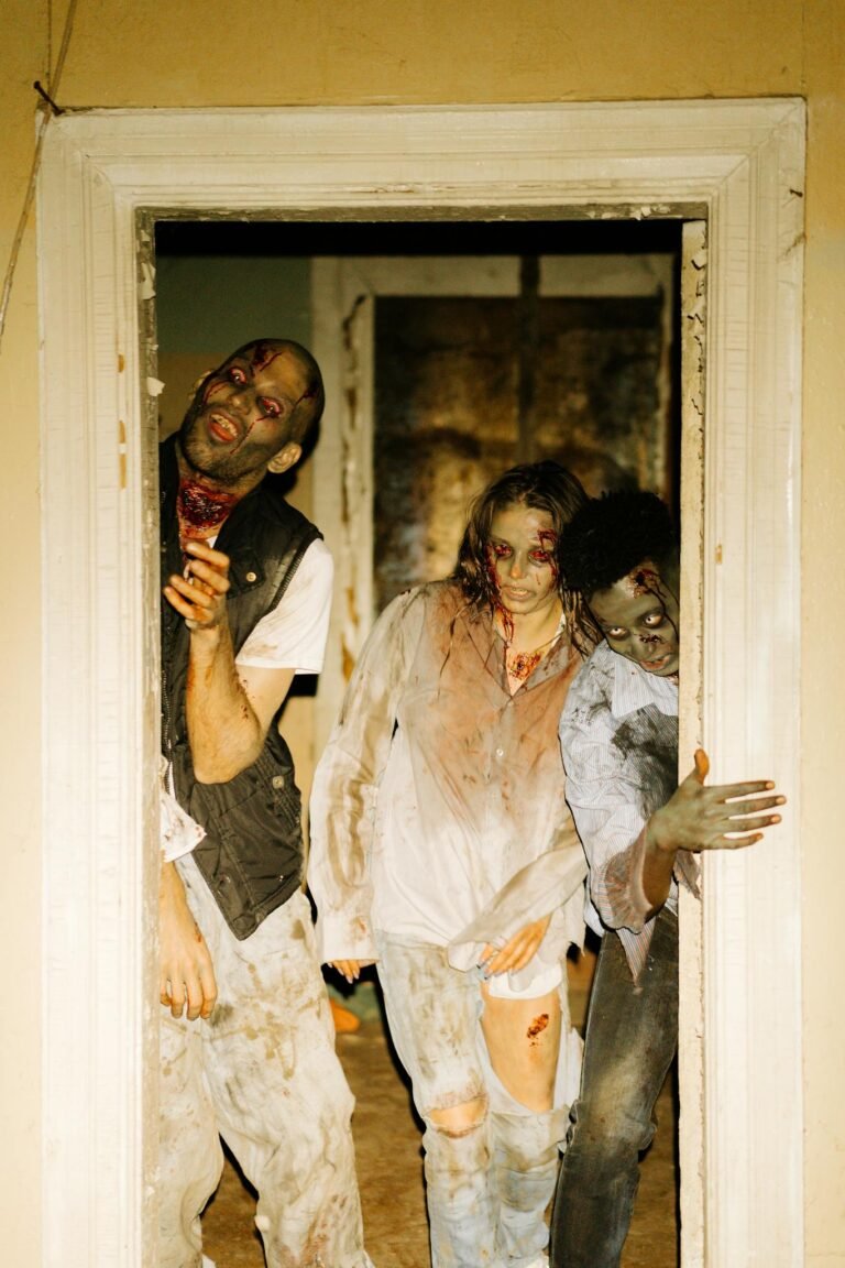 Three zombies creepily emerge from a doorway, creating a terrifying scene.